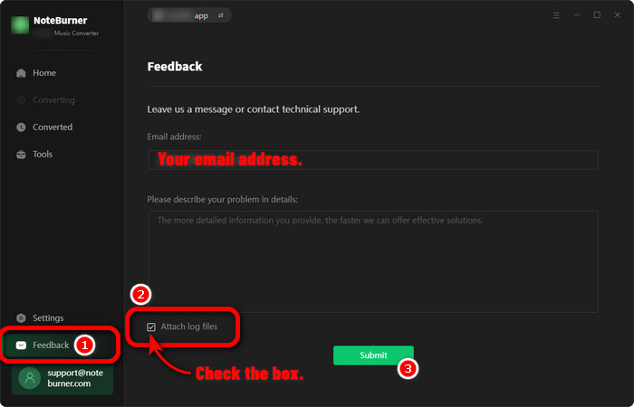 send log files via feedback