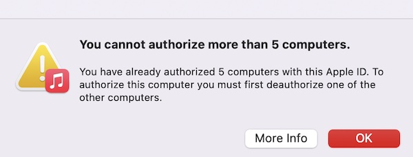 cannot authorize more than 5 computers