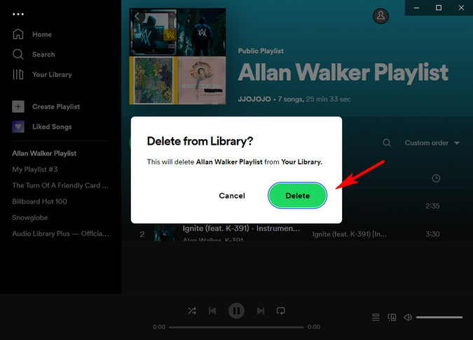 confirm deleting a spotify playlist on app