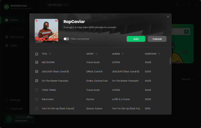 add Spotify music to NoteBurner